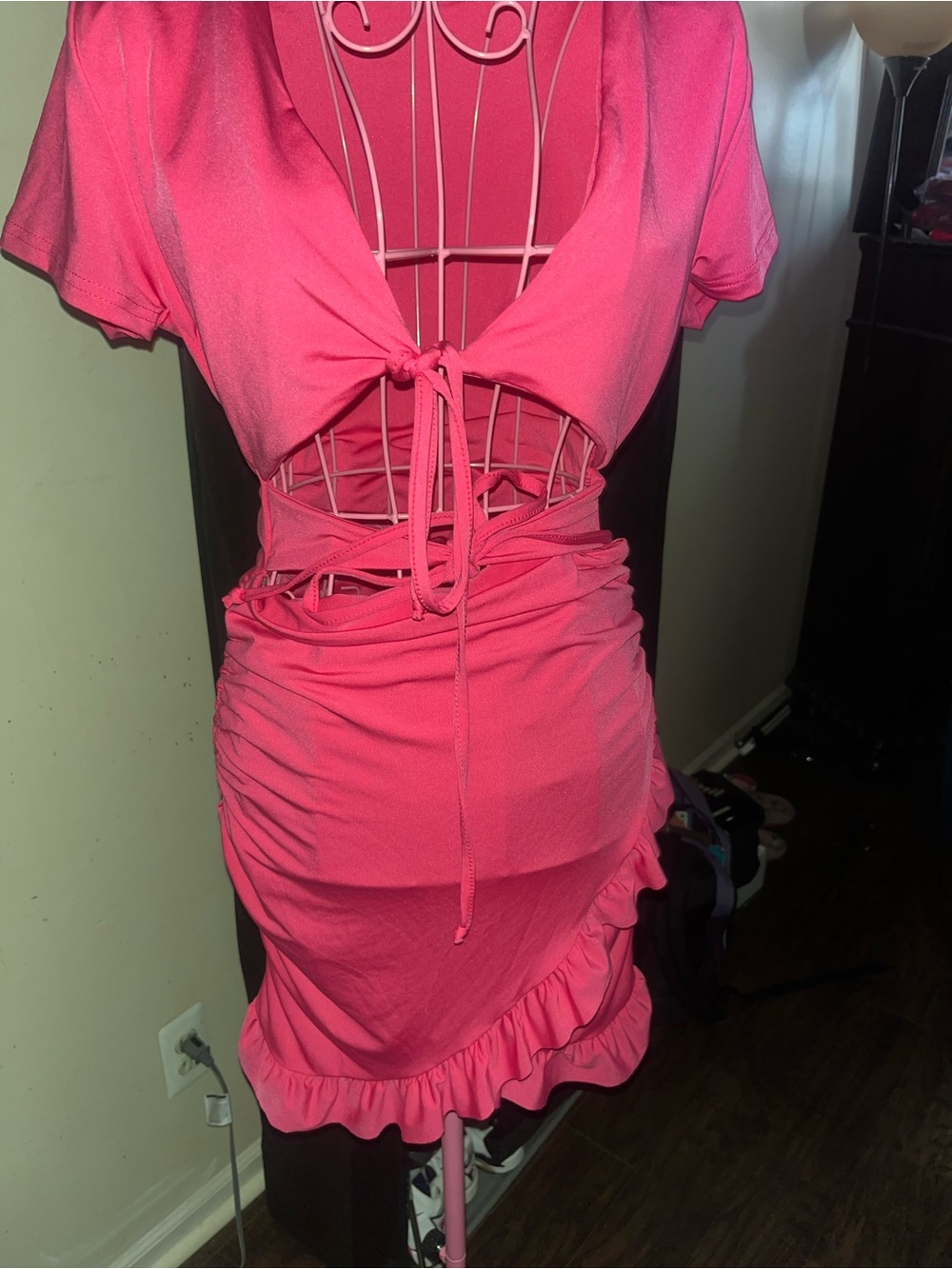 Pink Tie-Front Ruffle Bodycon Dress